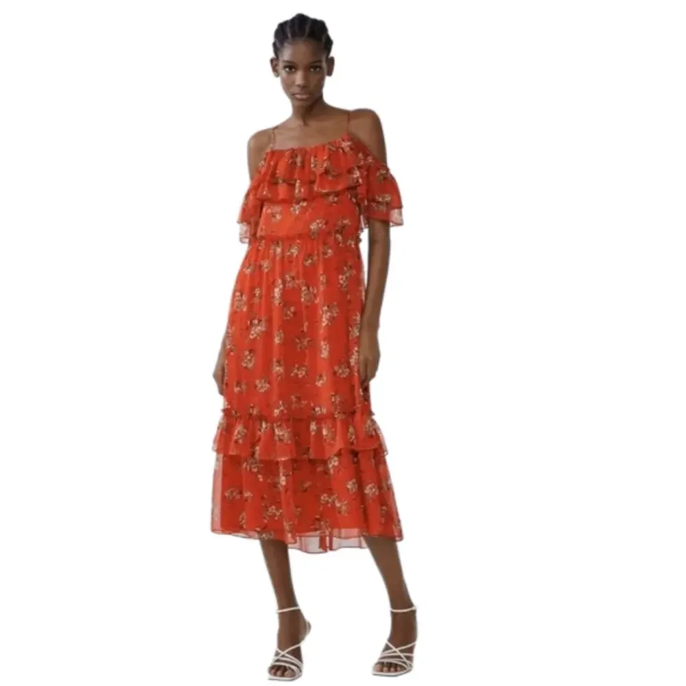 ZARA Red Floral Off The Shoulder Ruffled Tiered Chiffon Midi Dress Size XS - Picture 1 of 17